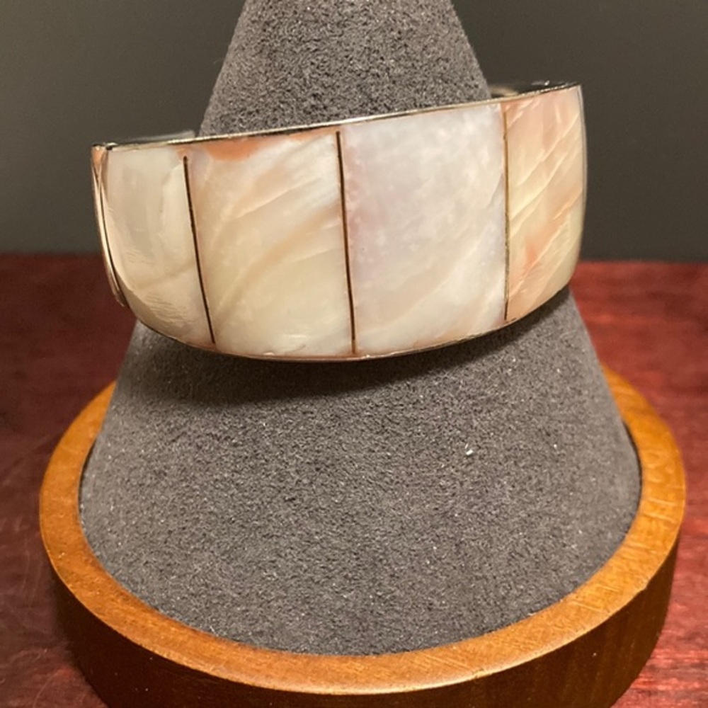 Hand made in Philippines MOP shell inlay on silver tone cuff bracelet